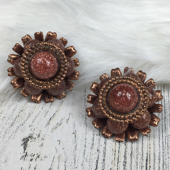Vintage Copper & Faux Goldstone Clip-on Earrings - Picture 1 of 6